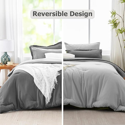 Gray Comforter Set Queen, Reversible Bedding Set, 7 Pieces Soft Bed in a Bag with Comforter, Sheets, Pillowcases & Shams, All Seasons Boho Bed Set