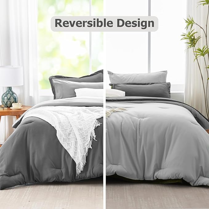 Gray Comforter Set, 7 Pieces Soft Bed in a Bag - Reversible Bedding Set with Comforter, Sheets, Pillowcases & Shams - All Seasons Boho Bed Set