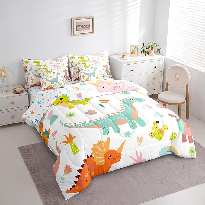 jejeloiu Kids Cartoon Dinosaur 7 Piece Bedding Set Full Size Cute Dinosaur Comforter Set with Sheets for Boys Girls Teens Cute Flower Bed in a Bag Animal Bed Set