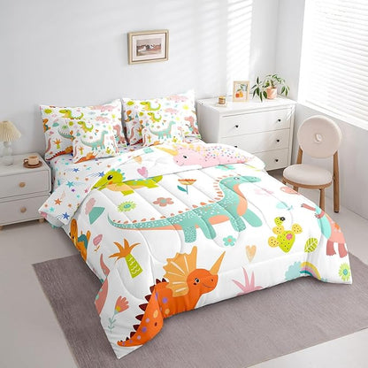 jejeloiu Kids Cartoon Dinosaur 7 Piece Bedding Set King Size Cute Dinosaur Comforter Set with Sheets for Boys Girls Teens Cute Flower Bed in a Bag Animal Bed Set