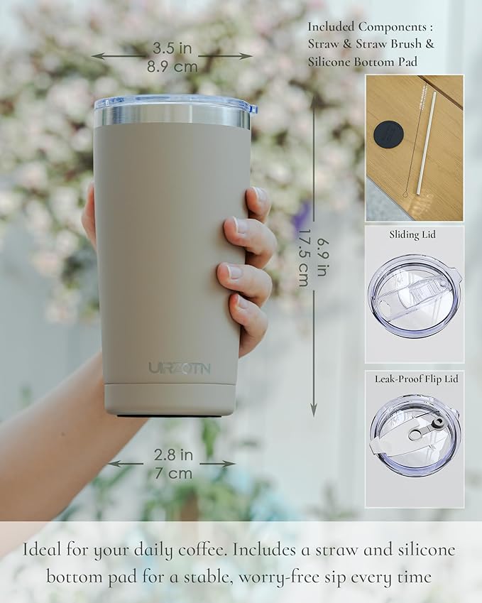 Travel Coffee Tumbler 20oz, Leakproof Travel Coffee Mug with Dual Lids and Straw, Stainless Steel Double Wall Vacuum Insulated Tumbler for Hot/Iced Drinks (Brown, Textured Matte)