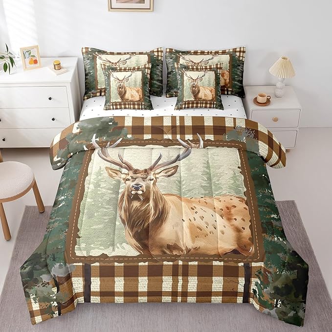 Elk Deer Bed in a Bag King Size Comforter Set 7 Pieces,Woodland Animals Bedding Sets Ombre Camouflage Sheet Set with Comforter