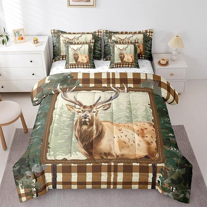 Erosebridal Elk Deer Comforter Set 7 Piece Bed in a Bag Twin,Woodland Animals Bedding Sets Ombre Camouflage Sheet Set with Comforter