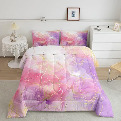 Erosebridal Pink Marble Bedding Comforter Sets Full Size, Tie Dye Decor Comforter Set for Boys Girls Women Bedroom, Gold Bronzing Bedding Purple Modern Abstract Quilt with 2 Pillowcases