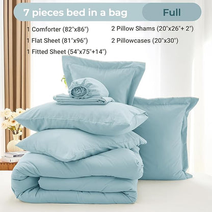 MUXHOMO 7 Pieces Full Comforter Set, Soft Bed in a Bag Full Size, All Season Bedding Set with Comforter, Flat Sheet, Fitted Sheet, Pillowcases & Shams, Lake Blue