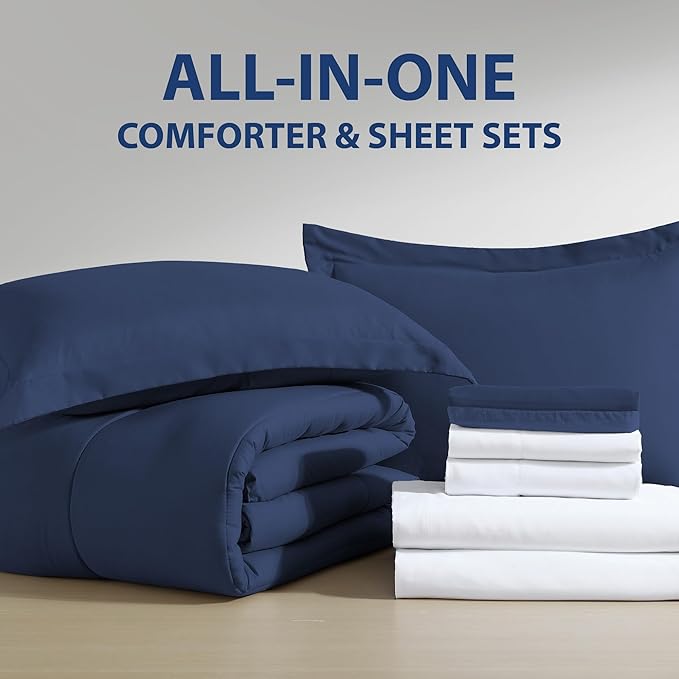 Cathay Home Basic Bedding Home Essential Ultra Soft Light Weight 8PC Wrinkle Resistant Microfiber Bed in a Bag Set (Includes Complete Sheet Set, Comforter Set & Bedskirt) - King, Indigo