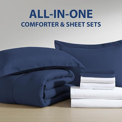 Cathay Home Basic Bedding Home Essential Ultra Soft Light Weight 8PC Wrinkle Resistant Microfiber Bed in a Bag Set (Includes Complete Sheet Set, Comforter Set & Bedskirt) - King, Indigo