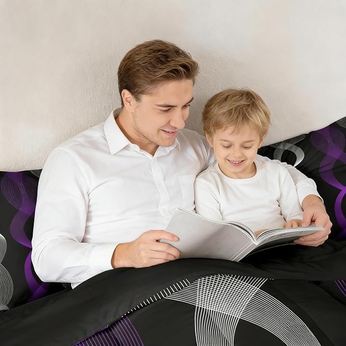 Erosebridal Purple and Black Bedding Set Twin,Boho Abstract Purple Striped Comforter Set, Modern Aesthetic Wavy Line Comforter, Contemporary Gradient Geometric Stripes Quilt for Men Adults Bedroom