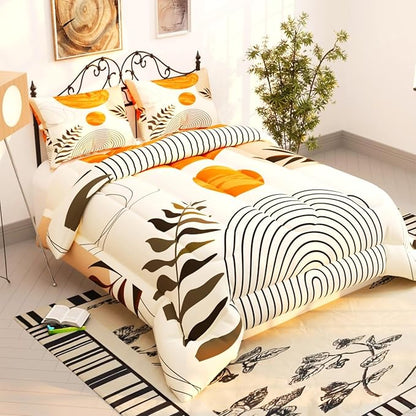 Sun Boho Leaf Comforter Sets for Kids Adults,3D Pattern with Bright Golden Yellow Colors,Decorative Bedding Comforter Sets with 2 Pillow Shams, Full Size