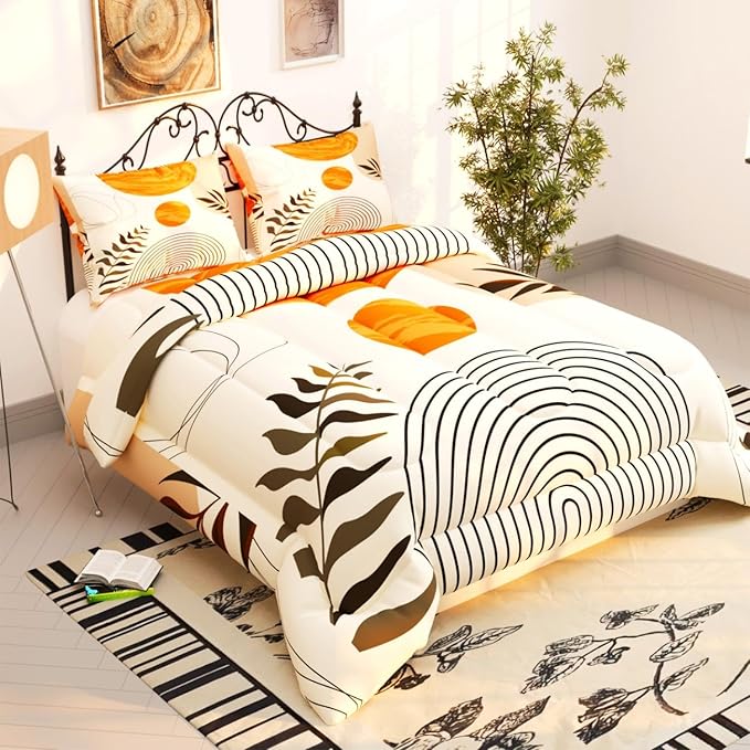 Sun Boho Leaf Comforter Sets for Kids Adults,3D Pattern with Bright Golden Yellow Colors,Decorative Bedding Comforter Sets with 2 Pillow Shams, Twin Size