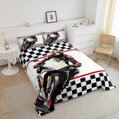 Feelyou Dirt Bike Comforter Set Full Size Racing Motocross Rider Comforter for Boys Girls Teens Extreme Sports Bedding Set Flag Duvet Set Room Decor Off White Quilt Set