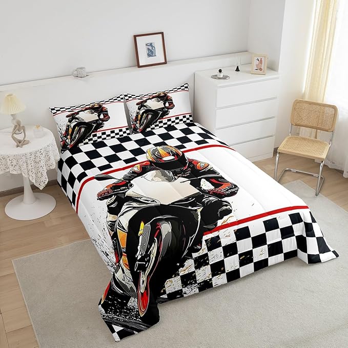 Feelyou Dirt Bike Comforter Set King Size Racing Motocross Rider Comforter for Boys Girls Teens Extreme Sports Bedding Set Flag Duvet Set Room Decor Off White Quilt Set