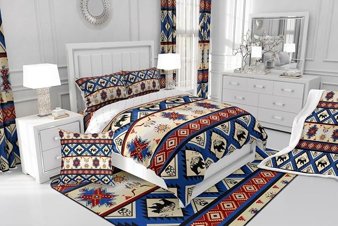 Erosebridal Black Bear Bedding Sets Exotic Bull Skull Western Comforter Set King,Ethnic Tribe Arrow Aztec Quilt Tribal Geometric Diamond Duvet Insert,Woodland Animals Boho Western Decor,Red Blue