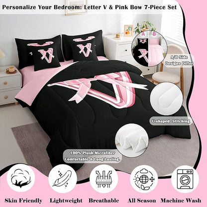 jejeloiu Kawaii Pink Bow King Comforter Set with Sheets,Gifts for Women Teen Girl,Monogrammed 7 Piece Bedding Set,Soft Personalized Initial Letter V Bed in a Bag with Comforter,Sheets,Pillowcases