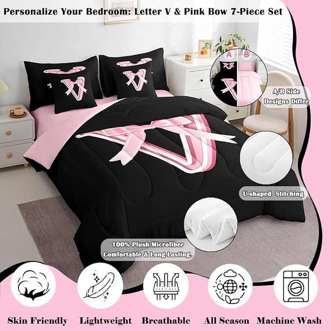 jejeloiu Kawaii Pink Bow Queen Comforter Set with Sheets,Gifts for Women Teen Girl,Monogrammed 7 Piece Bedding Set,Soft Personalized Initial Letter V Bed in a Bag with Comforter,Sheets,Pillowcases