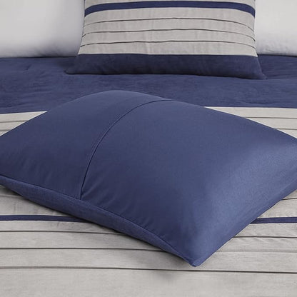 Madison Park Palmer Comforter Set-Luxury Faux Suede Design, Striped Accent, All Season Down Alternative Bedding, Matching Shams, Decorative Pillow, Bed Skirt, Queen (90 in x 90 in), Blue 7 Piece
