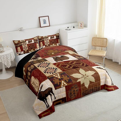 Buffalo Plaid Comforter Set Cabin Decor,Bear Elk Deer Wild Animal Bedding Sets Fall Leaves Pine Cones Duvet Insert Wildlife Hunting Theme Quilt Patchwork Bohemian Floral Down Comforter,Twin 2Pcs