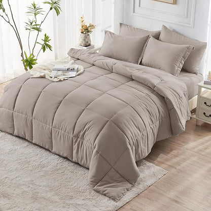 JOLLYVOGUE Full Comforter Set, Ultra-Soft Bed in a Bag Full Size 7 Pieces, Oeko-TEX Certified Bedding Set with Down Alternative Comforter, Sheets, Pillowcases & Shams, Khaki