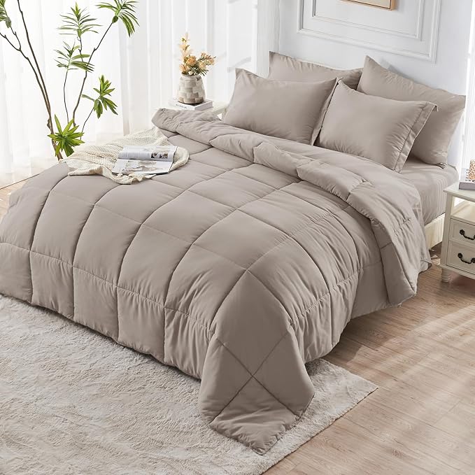 JOLLYVOGUE California King Comforter Set, Ultra-Soft Bed in a Bag Cal King Size 7 Pieces, Oeko-TEX Certified Bedding Set with Down Alternative Comforter, Sheets, Pillowcases & Shams, Khaki