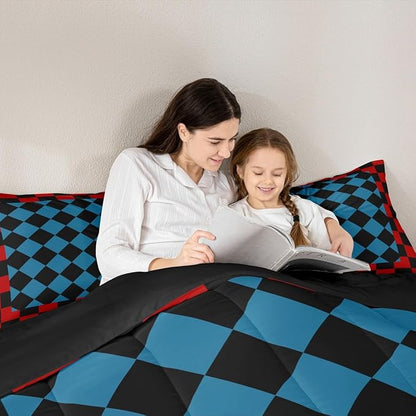 Checkered Retro Bedding Set for Boys Girls Red Blue Black Plaid Comforter Set Full Size Geometric Vintage Duvet Quilt Modern Simple Groovy Aesthetic Bedroom Decor 3 Pcs with 2 Pillow Cases