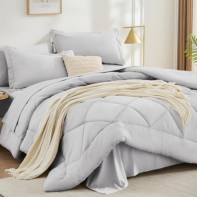 FUANNA 7 Pieces Queen Comforter Set, All Season Bed in a Bag Queen Size, Luxury Soft Bedding Sets with Comforter, Flat Sheet, Fitted Sheet, Pillowcases & Pillow Shams, Light Grey