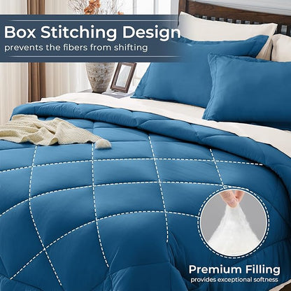 HEVUMYI Teal Blue & Ivory Queen Comforter Set - 7-Piece All Season Bed in a Bag Queen, Ultra Soft Bedding Set with Comforter, Flat Sheet, Fitted Sheet, Pillowcases, Pillow Shams, Teal Blue & Ivory