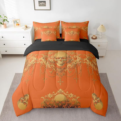 Erosebridal Gothic 7 Piece Comforter Set Full Bed in a Bag,Goth Sugar Skull Orange Yellow Damask Bedding Set,Bohemian Vintage Floral Comforter and Sheet Set,Exotic Antique Victorian Baroque Decor