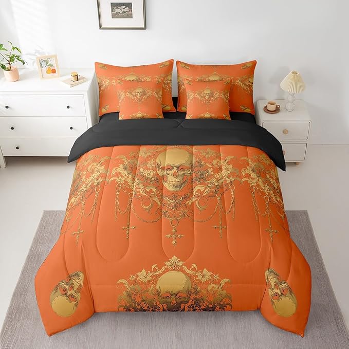 Erosebridal Gothic Comforter Set 7 Piece Bed in a Bag Twin,Goth Sugar Skull Orange Yellow Damask Bedding Set,Bohemian Vintage Floral Comforter and Sheet Set,Exotic Antique Victorian Baroque Decor