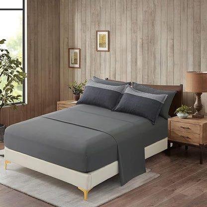 7 Pieces Bed in a Bag Black Grey Queen Size Comforter Set, Lightweight Striped Microfiber Bedding Comforter Sets for Queen Bed (1 Comforter, 2 Pillowcase, 2 Pillow Shams,1 Flat Sheet, 1 Fitted Sheet)