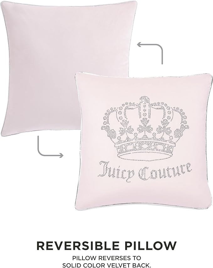 Juicy Couture - Decorative Accent Pillow, Velvet Rhinestone Crown, Premium Reversible Throw Pillow, Living Room and Bedroom Décor, Measures 20" x 20", Pink Blush
