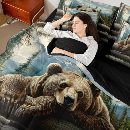 Erosebridal Nature Forest Bear 7 Piece Comforter Set Full Size Wild Animals Forest Bedding Set for Child Boys Girls | Rustic Cabin Woodland Brown Bear Sheets Mountain Hunting Wildlife Duvet Insert