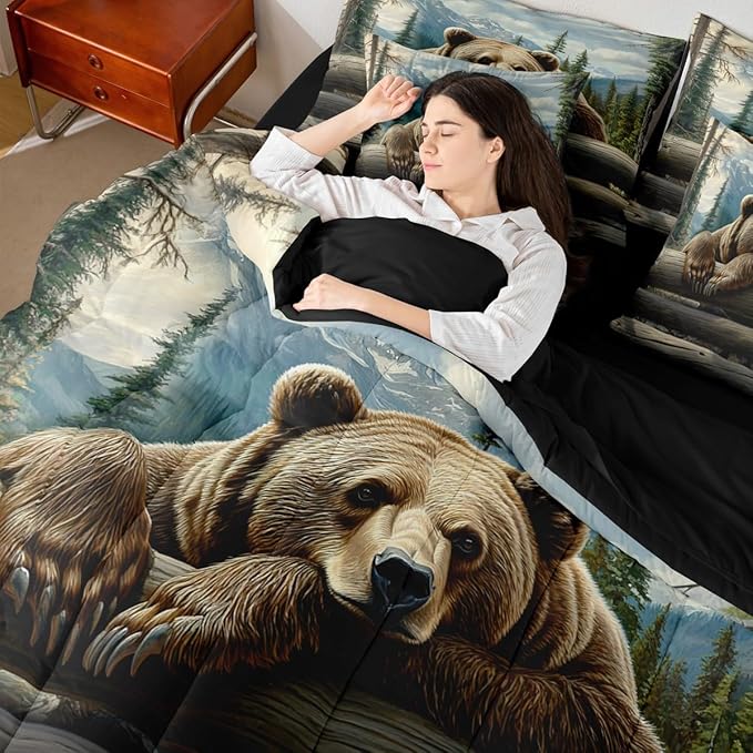 Erosebridal Nature Forest Bear 7 Piece Comforter Set King Size Wild Animals Forest Bedding Set for Child Boys Girls | Rustic Cabin Woodland Brown Bear Sheets Mountain Hunting Wildlife Duvet Insert