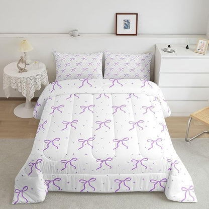 Erosebridal Ribbon Bow Bedding Set Queen for Girls Women Coquette Bows Comforter Set for Kids Teen Girls Women Bedroom Preppy Princess Bowknot Comforter Girly Purple Bow Quilt Duvet