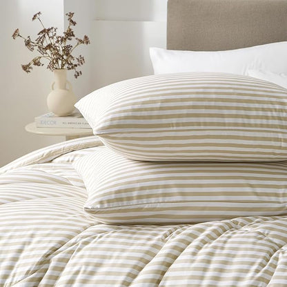 mixinni Tan Striped Comforter Set Full Size - Beige Stripes Pattern Bed Set for All Season, 3 Pieces Lightweight Bedding Comforter Sets for All Seasons (1 Soft Fluffy Comforter + 2 Pillowcases)