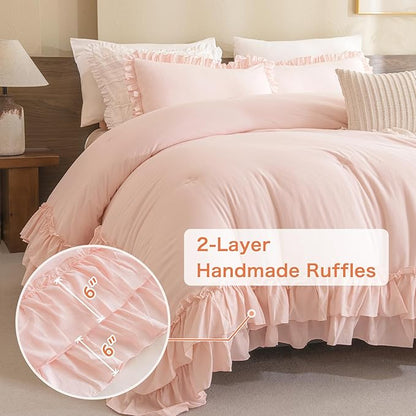 Masaca Blush Pink Comforter Set Queen,Farmhouse Shabby Boho Chic Comforter,Vintage Rustic Soft Microfiber Down Alternative Bedding Comforter Set 3PCS(1 Ruffled Comforter and 2 Pillowcases)