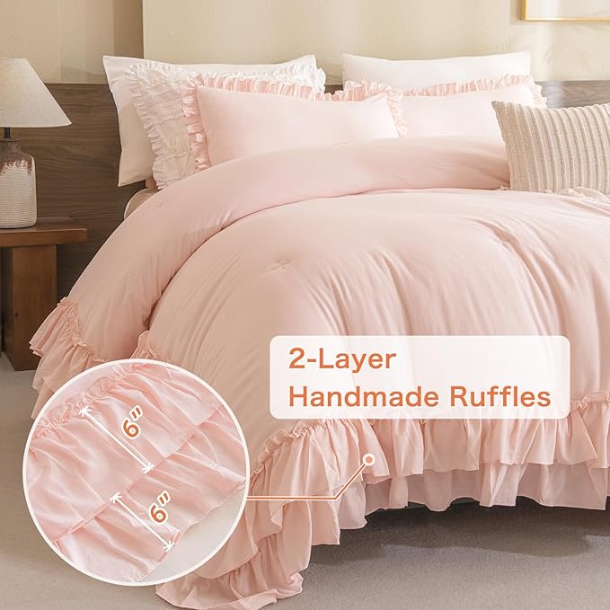 Masaca Blush Ruffle Comforter Full Size,3 Pieces Farmhouse Shabby Boho Chic Bedding Sets Full,Women Girls Bedroom Vintage Rustic Bedding Comforter Set All Season