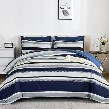 WONGS BEDDING Comforter King Size, Navy Blue Striped King Comforter Set, 7 Pieces Bed in a Bag Soft Micorfiber Bedding Set with Comforter, Flat Sheet, Fitted Sheet, Pillow Shams, Pillowcase