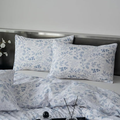King Comforter Set Floral 3 Pieces Soft Cute Flower Bedding Comforter Sets Garden Style Blue Flower Print Botanical Comforter King for All Seasons 1 Comforter and 2 Pillowcases