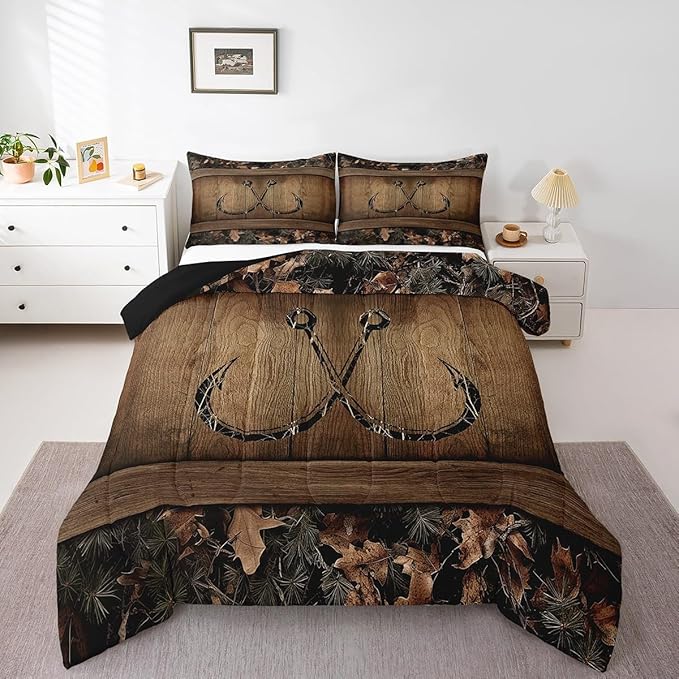 Erosebridal Rustic Lake Cabin Comforter Set Farmhouse Fishing Bedding Set Toddler Size Tree Branches Camo Fish Hook Quilt Comforter for Kids Boys Teen Men Country Camouflage Bed Duvet Set 2 Pcs