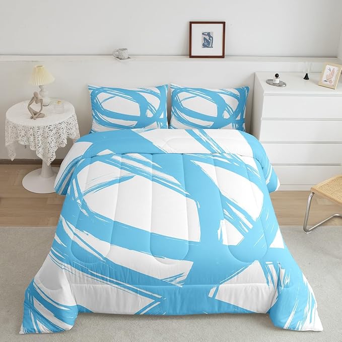 Erosebridal Blue and White Abstarct Queen Comforter Set for Adult Women Men, Geometric Striped Bedding Set for Minimalists,Graffiti Aesthetic Lines Quilt,Contemporary Boho Modern Art Duvet Insert