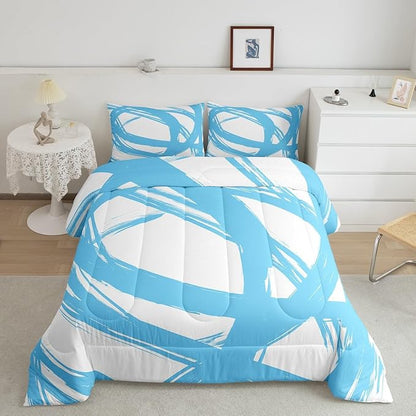 Erosebridal Blue and White Abstarct Toddler Bedding Set,Aesthetic Geometric Comforter Set for Minimalists,Graffiti Stripes Lines Quilt,Contemporary Boho Modern Art Duvet Insert for Minimalism