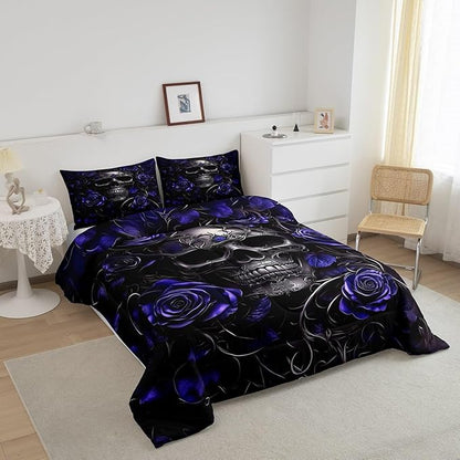 Erosebridal Gothic Skull Bedding Set for Adluts Kids Teens Halloween Goth Comforter Full Size Vintage Victorian Romantic Navy Blue Rose Floral Quilt Spooky Skeleton Boho Horror Bedding,Gothic Decor