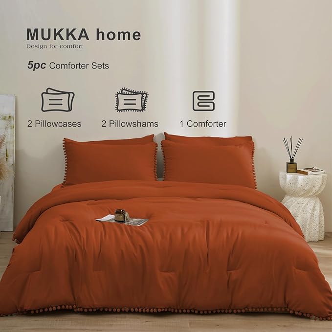MUKKA Queen Comforter Set 5-Piece Queen Size Terracotta, Boho Pom Pom Fringe Comforter Burnt Orange, Soft Microfiber Bedding Comforter Set Rust with 2 Pillowcases,2 Pillowshams