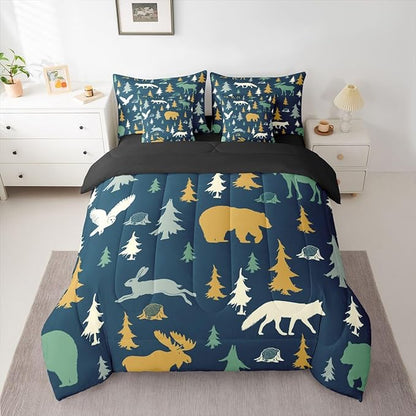 Feelyou Bear Comforter Set Twin Size 7 Pcs Woodland Fox Deer Comforter Bed in a Bag Cabin Lodge Farmhouse Bedding Set for Boys Girls Rustic Wild Animal Bed Set with Sheets, Pillowcases, Pillow Covers