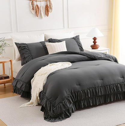 Herside Dark Grey Ruffle Comforter Set Queen Size,Shabby Chic Boho Bedding Sets, Soft Fluffy Comforters Sets for All Season,Vintage Ruffled 3 Pcs Microfiber Lightweight Quilt Set for Women Girls