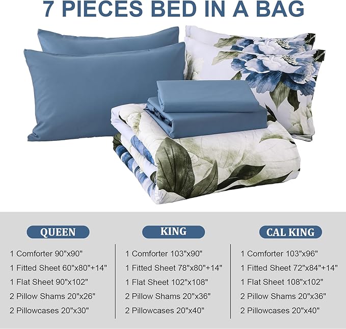 Dobuyly California King Comforter Set 7 Piece Bed in a Bag, Blue Floral Printed on Light Blue Cal King Comforter Set with Sheets, Soft Microfiber Botanical Complete Bedding Set for All Season