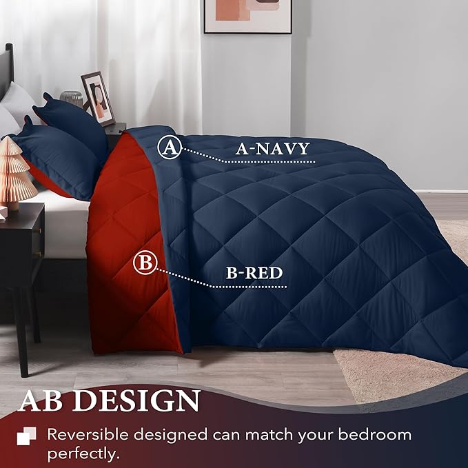 downluxe California King Comforter Set - Red and Navy Cal King Comforter Set, Soft Bedding Sets for All Seasons - 3 Pieces - 1 Comforter (104"x96") and 2 Pillow Shams(20"x36")