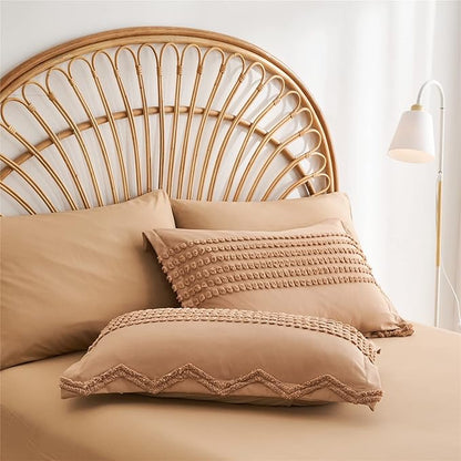 KAKIJUMN Khaki Tufted Comforter Set Full Size 7 Piece Bed in a Bag, Shabby Chic Boho Comforter and Sheet Set, Pom Pom Textured Bed Set, All Season Soft Microfiber Complete Bedding Set(Khaki,Full)