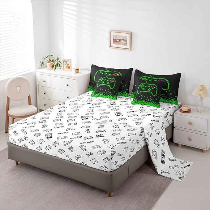 Castle Fairy Video Games 7 Piece Comforter & Sheet Sets Twin Size,Miner Pixel Games Bedding Set Neon Green Block Building Bed in a Bag Modern Black Flat & Fitted Sheets,4 Pillow Covers