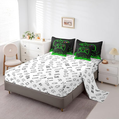 Castle Fairy Video Games 7 Piece Comforter & Sheet Sets Twin Size,Miner Pixel Games Bedding Set Neon Green Block Building Bed in a Bag Modern Black Flat & Fitted Sheets,4 Pillow Covers